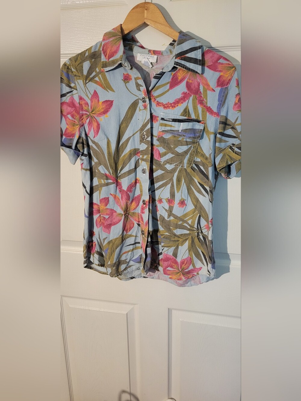Calypso St. Barth Light Blue Short-Sleeve Floral Button-Up Shirt
